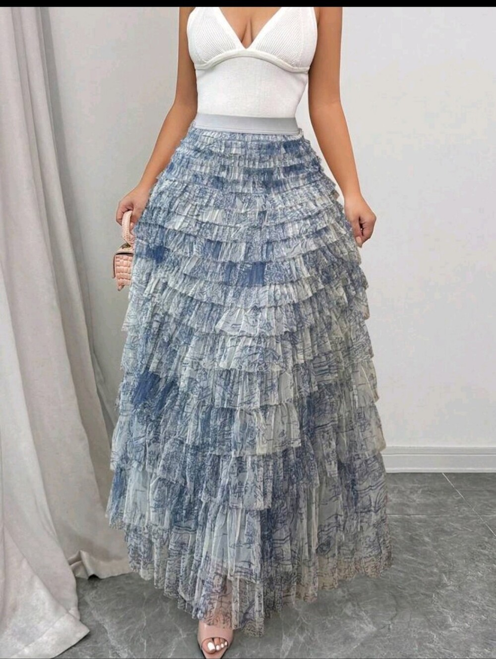 BRAND NEW ** Tiered Ruffle Maxi Skirt in Blue Marble